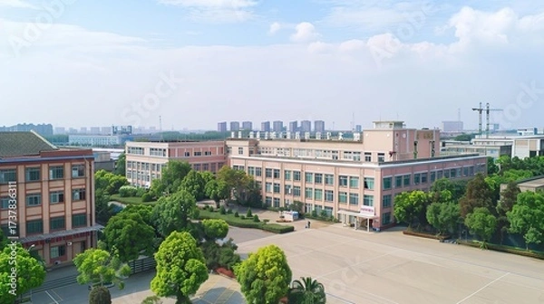 Fototapeta Hardware factory building with a large industrial-style exterior, metal doors and windows, loading docks for trucks, and signage for hardware production, surrounded by storage yards with stacked metal
