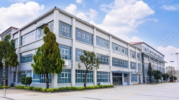 Fototapeta Hardware factory building with a large industrial-style exterior, metal doors and windows, loading docks for trucks, and signage for hardware production, surrounded by storage yards with stacked metal
