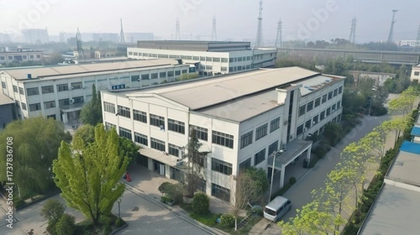 Fototapeta Hardware factory building with a large industrial-style exterior, metal doors and windows, loading docks for trucks, and signage for hardware production, surrounded by storage yards with stacked metal