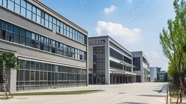 Fototapeta Hardware factory building with a large industrial-style exterior, metal doors and windows, loading docks for trucks, and signage for hardware production, surrounded by storage yards with stacked metal