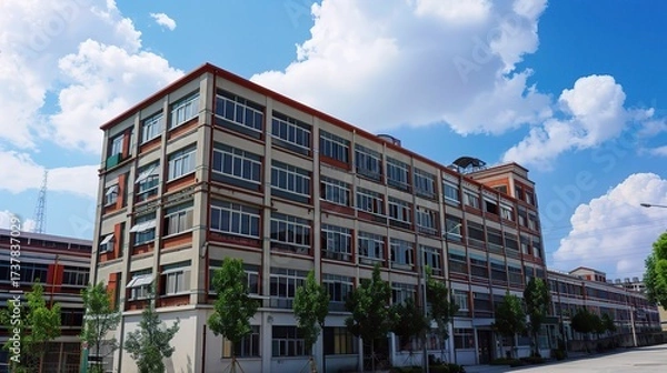 Fototapeta Hardware factory building with a large industrial-style exterior, metal doors and windows, loading docks for trucks, and signage for hardware production, surrounded by storage yards with stacked metal