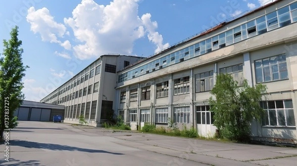 Fototapeta Hardware factory building with a large industrial-style exterior, metal doors and windows, loading docks for trucks, and signage for hardware production, surrounded by storage yards with stacked metal