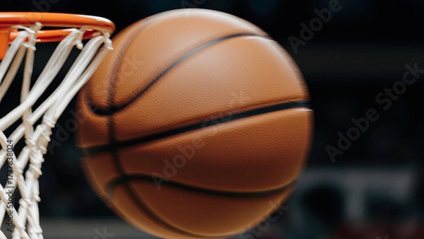 Obraz Basketball game moment, close-up of ball flying mid-air towards hoop, dynamic sports photography, motion blur, cinematic lighting
