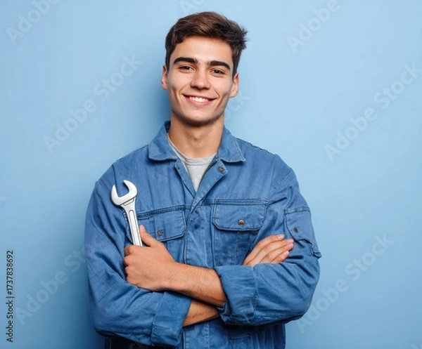 Fototapeta A confident young man in denim workwear holds a wrench against a bright, simple backdrop.