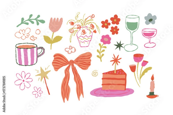 Fototapeta Vector set of hand drawn illustrations, quirky doodle elements for christmas banners and invitations,  birthday party cards, prints