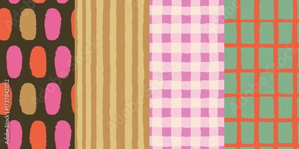 Fototapeta Vector set of seamless patterns – abstract hand-drawn quirky doodles, striped, plaid, and checkered designs – festive, party, and Christmas decorative wrapping paper and textile backgrounds