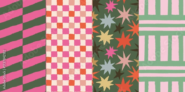 Fototapeta Vector set of seamless patterns – abstract hand-drawn quirky doodles, striped, plaid, and checkered designs – festive, party, and Christmas decorative wrapping paper and textile backgrounds