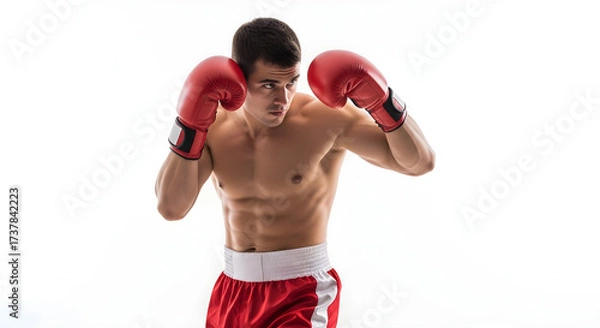 Fototapeta Confident boxer in red gloves and shorts ready for competition, showcasing strength and determination