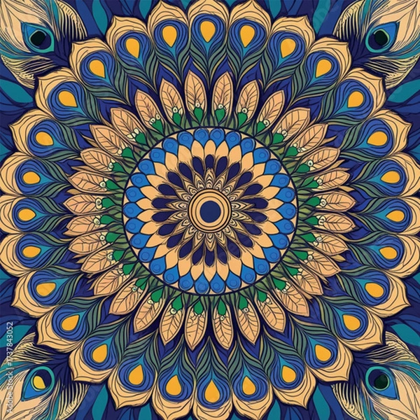 Fototapeta Colorful and intricate peacock-inspired mandala design