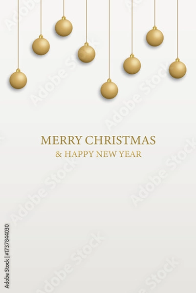 Fototapeta 3D golden Christmas balls hanging with Merry Christmas and Happy New Year calligraphy on light cream vertical background graphic illustration have blank space.