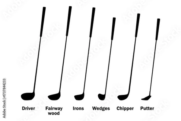 Fototapeta types of golf clubs icon set. Six types of golf clubs are shown, clearly labeled, against a plain background. Vector illustration