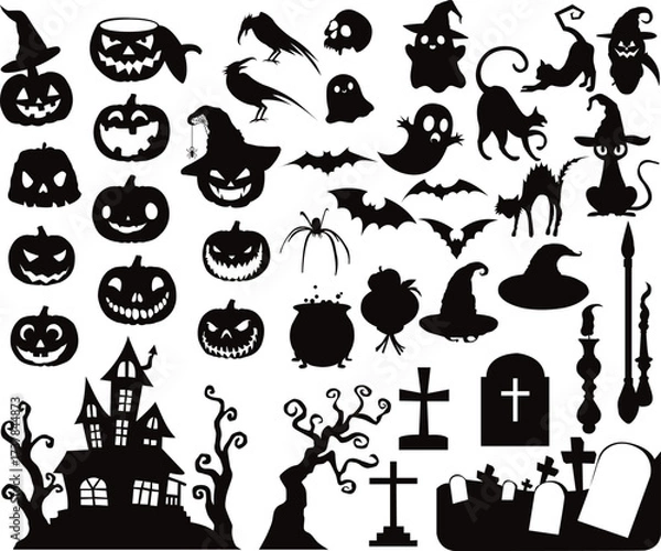 Fototapeta Halloween elements collection in hand drawn silhouette style. Spooky tree with scary pumpkin, horror faces set, monster pumpkins, jack lantern for Halloween party vector isolated illustration.