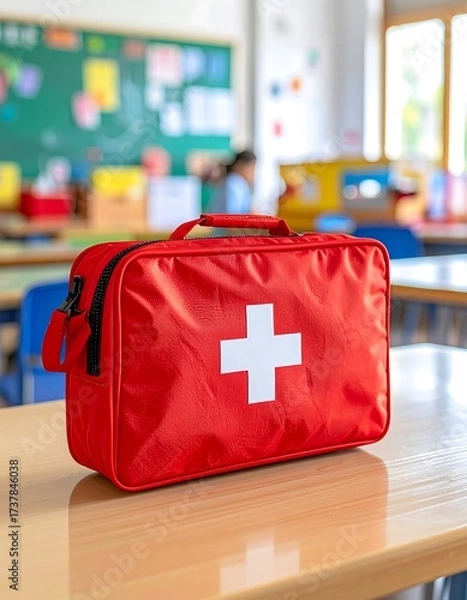 Fototapeta Red first-aid kit in classroom