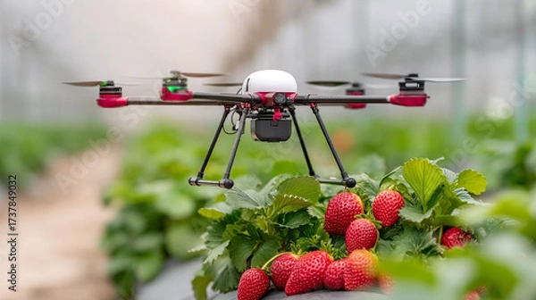 Fototapeta Illustration of an irrigation drone flying over an organic strawberry field, bright daylight, dynamic shot demonstrating technology that promotes sustainable farming.