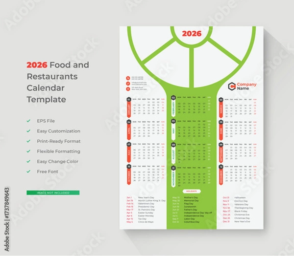 Fototapeta 2026 wall calendar template, week starts Monday, set of 2026 calendars