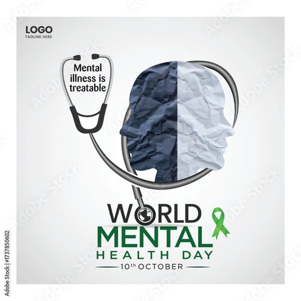 Fototapeta World Mental Health day, concept design with abstract human head profile and Green ribbon design Vector Illustration