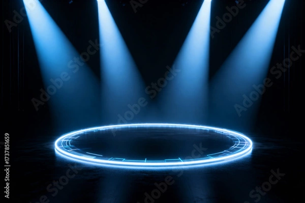 Fototapeta Blue Neon Stage Spotlight on Circular Platform Dramatic Lighting Effect