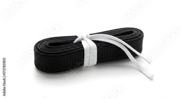 Fototapeta Rolled black martial arts belt tied with white rope, representing achievement, skill, and dedication in training