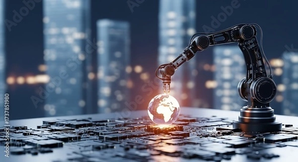 Fototapeta Robotic arm with glowing globe at center of circuit board, illustrating advanced technology and automation's impact on global industry