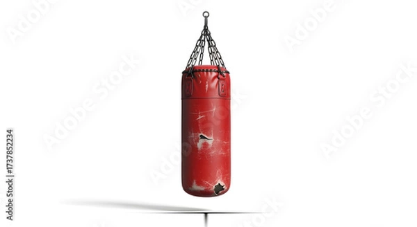 Fototapeta Red worn punching bag hanging by chains, ready for intense boxing training and fitness workouts.