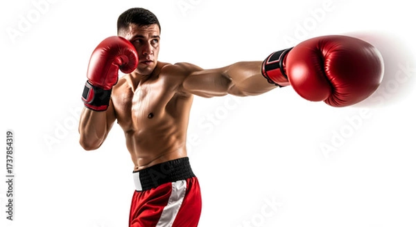 Fototapeta Focused boxer delivers powerful punch with intense concentration and athletic prowess, embodying strength and determination.