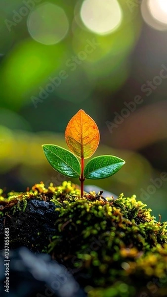 Fototapeta Tiny sprout emerging from mossy rock