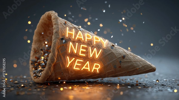 Fototapeta Festive waffle cornucopia with Happy New Year text and colorful confetti creates celebratory atmosphere
