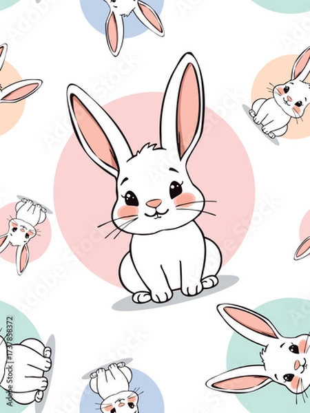 Fototapeta Seamless pattern with funny cartoon rabbits on white background
