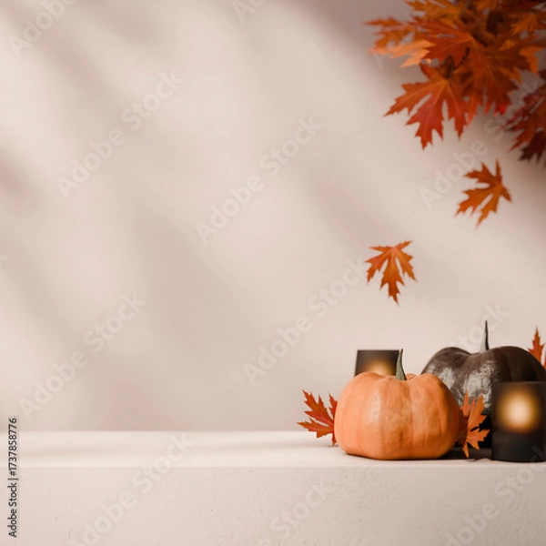Fototapeta Minimal autumn interior scene for thanksgiving  fall season. Halloween background with pumpkins and maple leaves decor on empty white table. Black friday product sale mockup template.