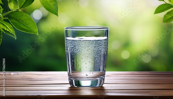 Fototapeta A Refreshing Glass Of Water With Condensation Sits On A Wooden Table Surrounded By A Blurred Green Background Evoking A Cool Thirst Quenching Vibe