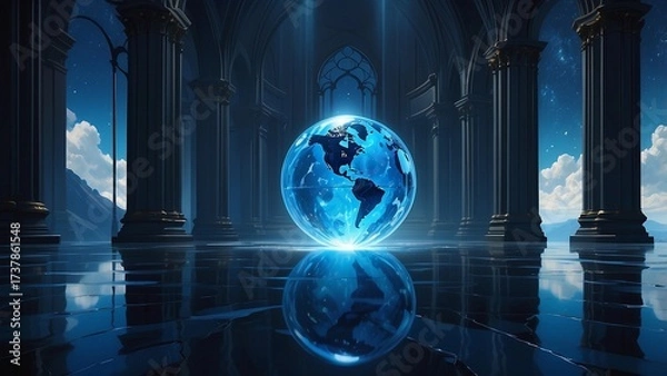 Fototapeta ゲーム背景　パワー回復のできる美しいガラスの地球儀がある風景