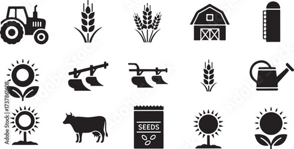 Fototapeta Agriculture & Farming Icons Set – 8–12 Black Silhouette Tractors, Crops, Barns & Farm Symbols for Vector & Digital Use