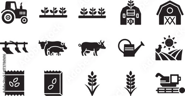 Fototapeta Agriculture & Farming Icons Set – 8–12 Black Silhouette Tractors, Crops, Barns & Farm Symbols for Vector & Digital Use