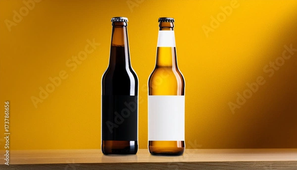 Fototapeta Two Beer Bottles Mockup Yellow Background Black And White Blank Label