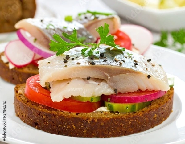 Fototapeta Open-faced sandwiches with fish and vegetables