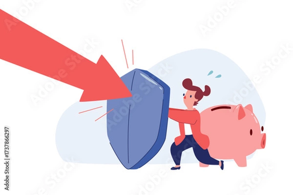 Obraz businesswoman with shield defending piggy bank against falling arrow