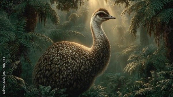 Obraz Majestic emu standing tall amidst a lush, misty forest with sunlight filtering through the trees, creating a serene and natural habitat scene