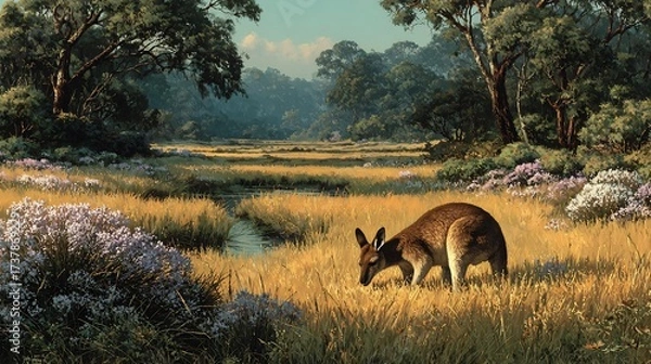 Obraz Explore the Australian Outback with this stunning kangaroo grazing in a serene meadow under the trees, creating a peaceful nature scene of wildlife