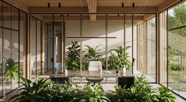 Fototapeta Luxurious and modern office space integrates natural elements, featuring expansive glass walls, a large desk, abundant plants, and warm wood tones creating a serene atmosphere with bright daylight...