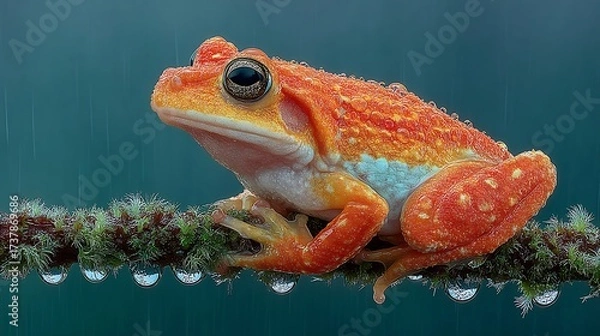 Obraz Stunning orange frog perched on mossy branch in light rain with shimmering water droplets, perfect for nature blogs or science publications