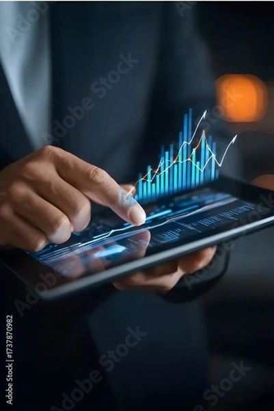Fototapeta Business person navigating financial data and growth on tablet