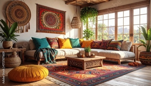 Fototapeta Cozy living room features natural light illuminating a comfortable, cream-colored sectional sofa with colorful throw pillows, ornate coffee table, and vibrant bohemian decor, complemented by a...