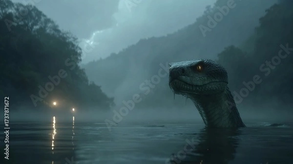 Obraz Eerie lake scene featuring a giant snake emerging from the water on a foggy day, creating a sense of mystery and suspense for captivating visuals