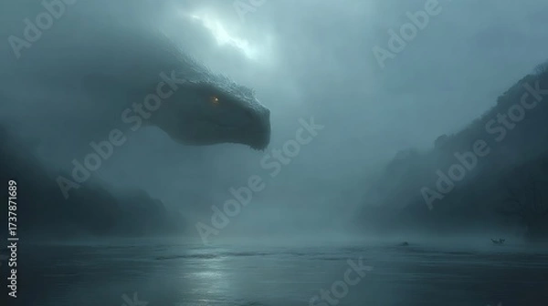 Obraz Majestic dragon emerging from misty waters, a scene of fantasy and adventure, perfect for book covers and cinematic concept art inspiration