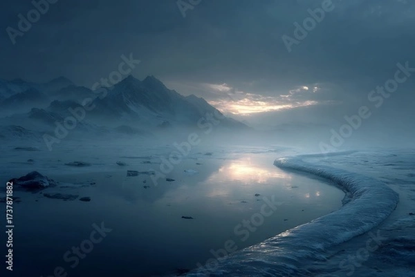 Obraz Dreamy winter landscape with snow-capped mountains and calm waters reflecting the ethereal light, perfect for travel blogs or serene nature backgrounds