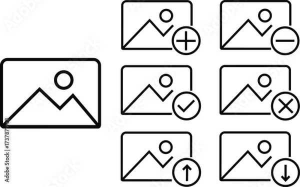 Fototapeta Gallery edit icons set in black line styles. Photo image add, remove, approve, reject, upload and download vectors illustration. Picture editing symbols graphic designs for media interface.