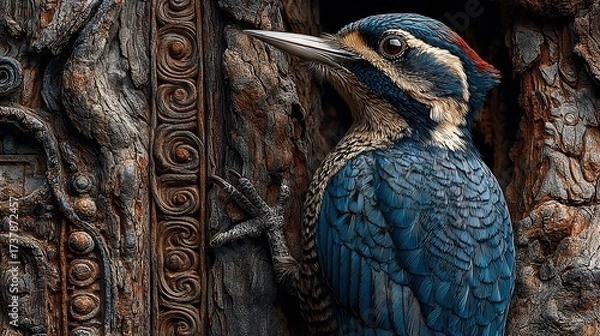 Obraz Stunning blue woodpecker with red cap clinging to carved ancient tree, a vibrant wildlife scene showcasing nature's beauty and intricate detail