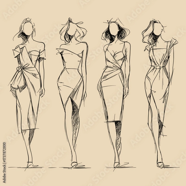 Fototapeta Set of four hand drawn sketches of women in stylish dresses. Elegant line art for fashion design, illustration and creative projects