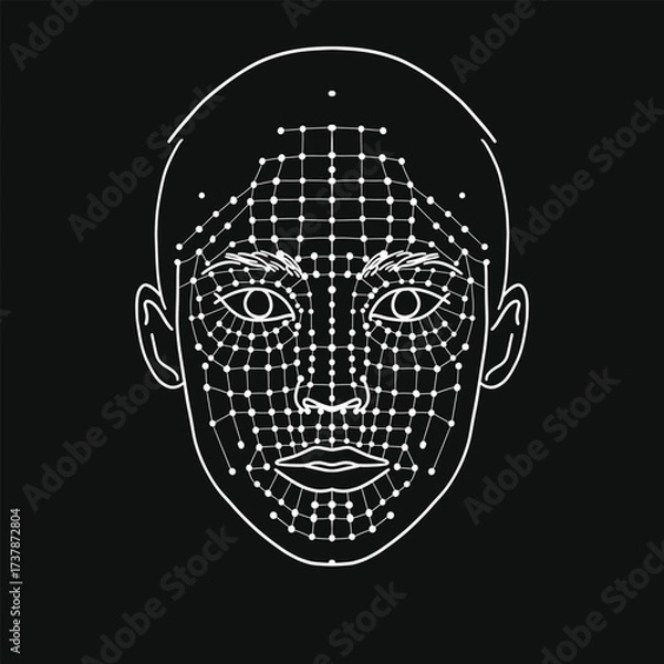 Fototapeta Abstract line art of human face with biometric recognition grid. Suitable for technology, AI, security and identification themes