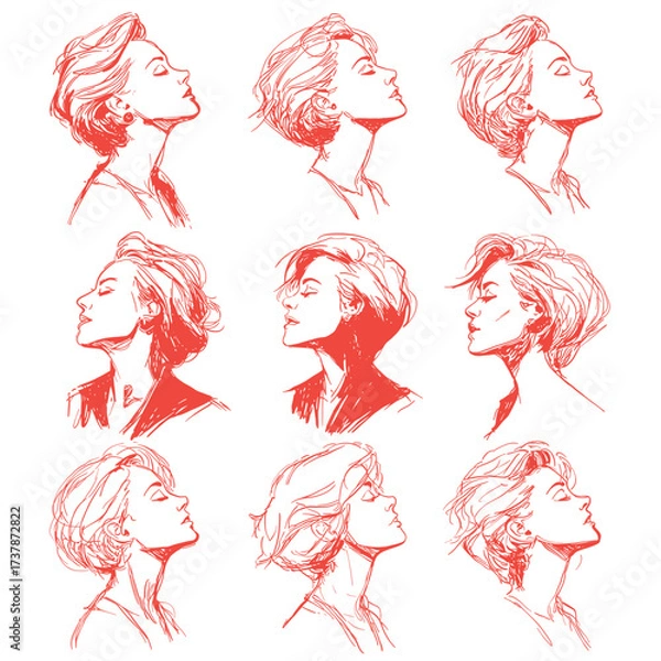 Fototapeta Collection of nine hand drawn female profile sketches in red lines on white background. Suitable for fashion, beauty and creative illustration projects